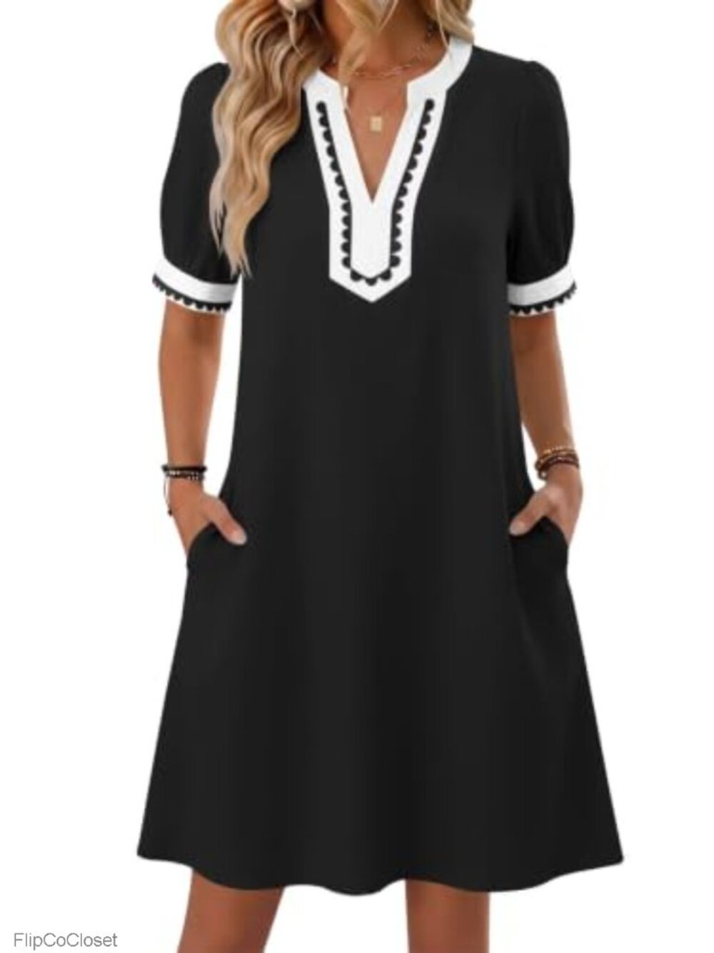 Women's Puff Sleeve V-Neck Dress with Pockets Flowy A-Line Babydoll